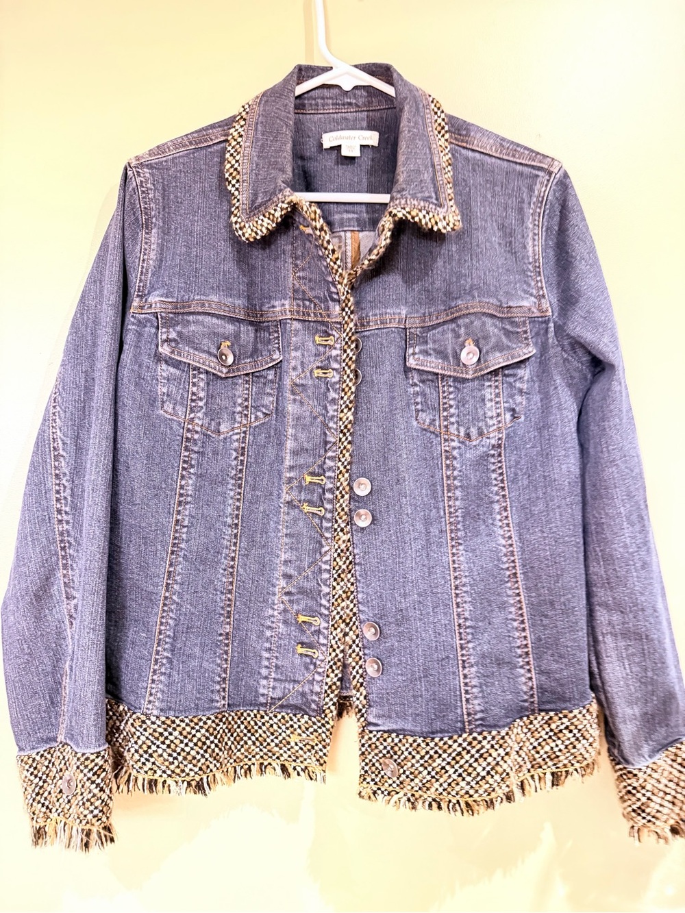 Coldwater Creek Denim Jacket with Tweed Trim in Blue and Gold